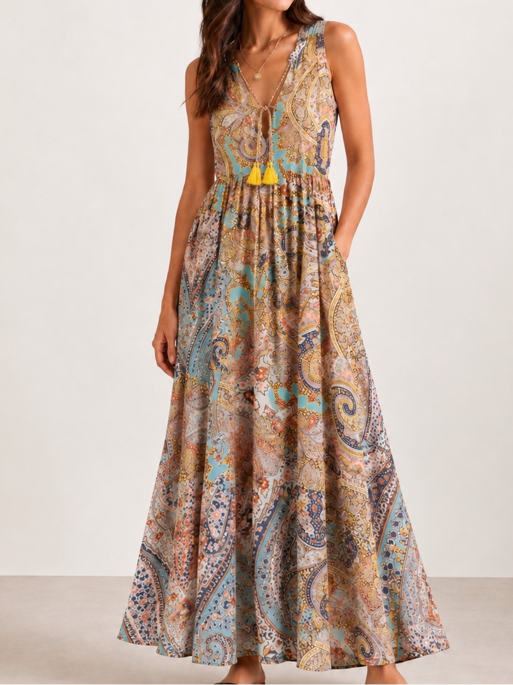 Mango Paisley Boho Tassel Maxi Dress Resortwear Vacation Size Small